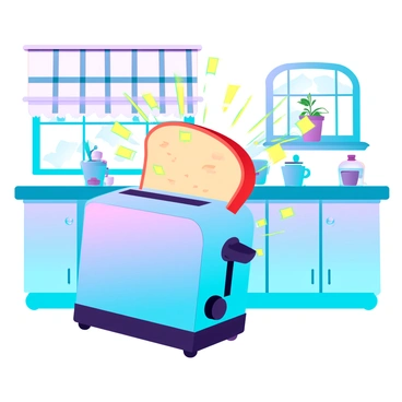 A cartoon toaster with a shiny stainless steel exterior is energetically shocking a slice of bread that is partially popped out of it. Bright yellow sparks are flying out from the toaster, creating a dynamic effect. The kitchen is cheerful and colorful, featuring light blue cabinets, a sunny window with a checkered curtain, and a countertop cluttered with various kitchen utensils. In the background, a happy little plant sits on the windowsill, adding a touch of greenery to the scene. The overall atmosphere is lively and playful.