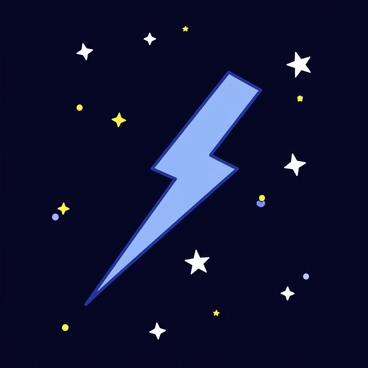 A bright lightning bolt shooting across a dark galaxy. The bolt has a vivid blue color and jagged edges, illuminating the surrounding space. Stars of various sizes twinkle in the background, their light forming a cosmic web that connects them. The stars are depicted in white and yellow, scattered across the deep black canvas of the galaxy. A sense of movement is captured in the dynamic shape of the lightning bolt.