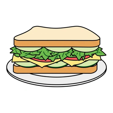 A large sandwich filled with layers of fresh ingredients. It features thick slices of white bread, with crispy cucumber slices arranged neatly on one side. A generous layer of creamy cheese is spread across the sandwich, complementing the crunchy cucumbers. Fresh green herbs, such as basil and parsley, are sprinkled throughout the sandwich, adding a vibrant touch. The sandwich is cut in half, revealing the colorful layers inside, and is placed on a simple white plate.