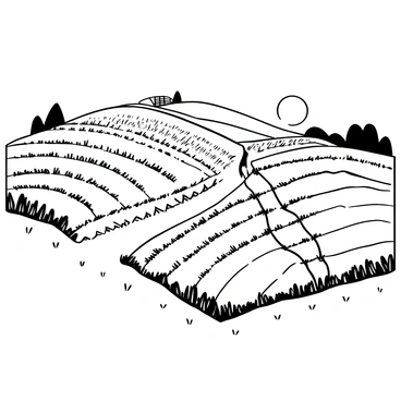 A farmland landscape featuring rolling fields of crops, with rows of plants extending into the distance. In the center, a clear, visible "normal fault" line runs through the fields, cutting across the land. On either side of the fault, the ground appears slightly elevated and uneven, showcasing the geological shift. There are wooden fences and a few scattered trees framing the scene, while a distant barn can be seen under a wide sky.