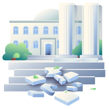 A classic architectural column, made of white marble with intricate Corinthian details, is shattered into several large, jagged pieces on the gray stone courthouse steps. Fragments of the column are scattered unevenly, some lying flat while others are tilted at angles. The courthouse building, characterized by tall, arched windows and a grand entrance, looms in the background. A few leaves from nearby trees are gently caught in the cracks of the stone steps, and subtle shadows are cast by the midday sun.