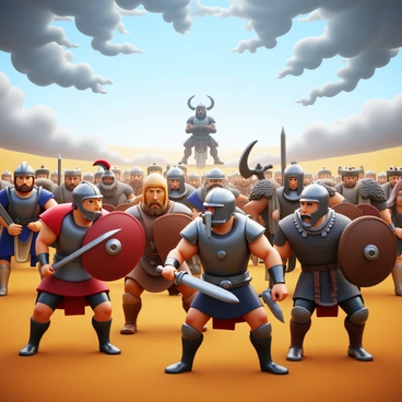 A battlefield filled with diverse warriors from various time periods. There is a Roman soldier in polished armor wielding a gladius. Next to him, a medieval knight in chainmail holds a sword and shield. A Viking with fur and a horned helmet readies his axe. In the background, a samurai in traditional armor stands poised with a katana. The warriors exhibit distinct features and weaponry that reflect their time periods. They are united in a defensive stance against an imposing common enemy, which looms in the distance. The sky is dramatic, adding tension to the scene, with clouds swirling ominously above.