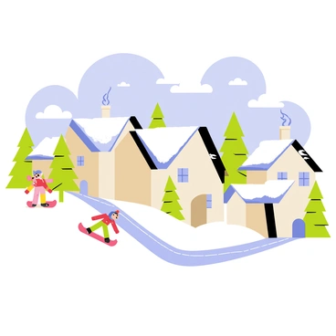 A cozy village covered in white snow with small houses featuring sloped roofs. Children with colorful winter clothing are happily sledding down a gentle hill. Smoke is billowing from the chimneys of the houses, indicating warmth inside. Pine trees dusted with snow are scattered around the village, and a bright blue sky with a few fluffy clouds is visible above.