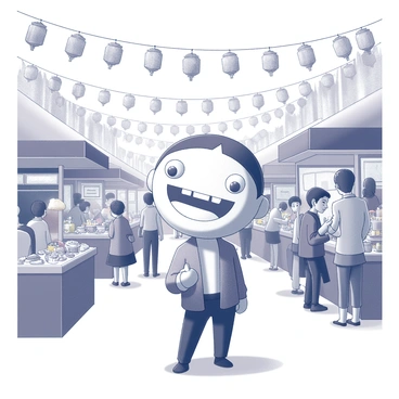 A flat-faced character stands in the midst of a lively street festival. The character has exaggerated features, with a wide smile and large, expressive eyes. Surrounding them are colorful decorations hanging from above, including banners and lanterns. Various food stalls are present, each displaying an array of foods such as skewers, pastries, and drinks. People of diverse appearances can be seen enjoying the festivities, interacting with each other, and taking part in games. The atmosphere is vibrant with activity and joy, creating a festive scene.