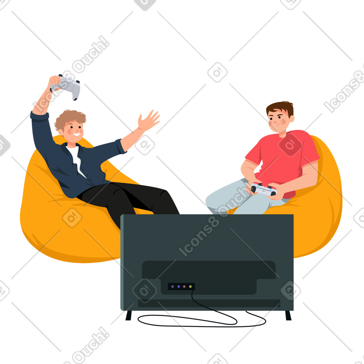 Jungs spielen videospiele, während sie in stuhltaschen sitzen-Illustration im Lagom-Stil als Download PNG, SVG