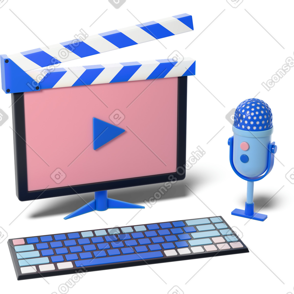 Video editing software on desktop with microphone, Media production and content creation illustrazione animata in stile 3D Editorial scaricabile in GIF, Lottie (JSON), AE