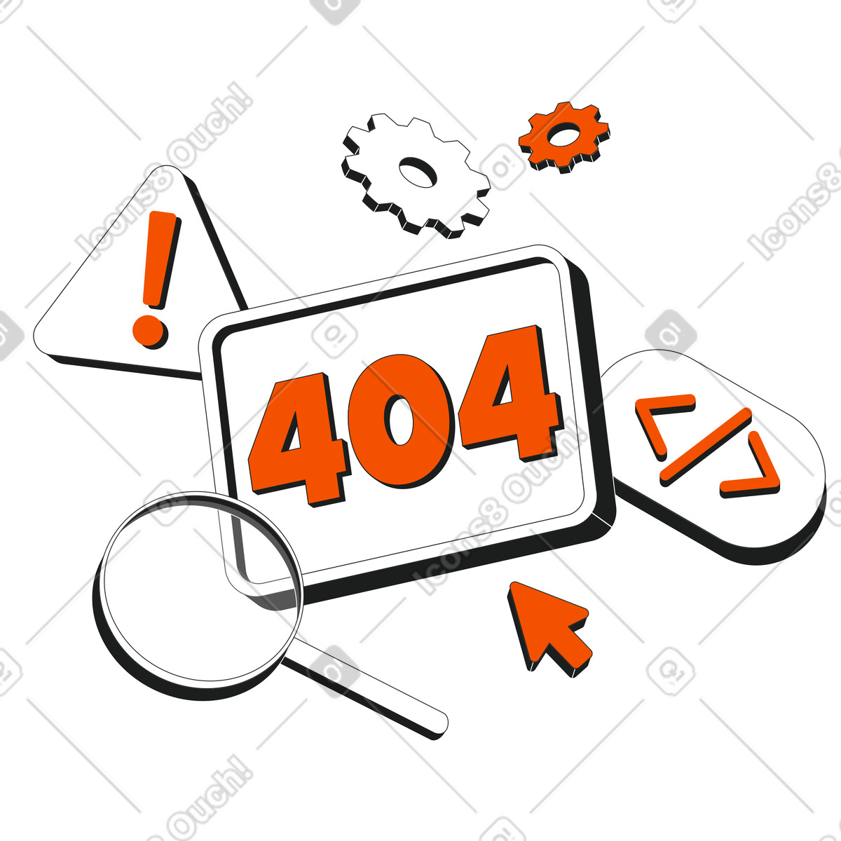 404 error sign with gears and code symbol, page not found or broken link illustration in Strict style download in PNG, SVG