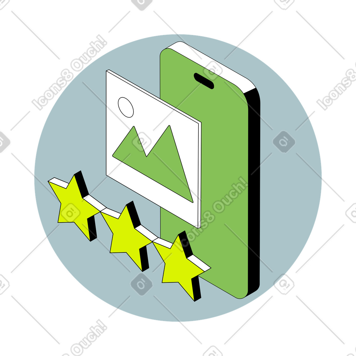 Photo post rated with three stars on phone, Social media quality assessment illustrazione in stile Isometric scarica in PNG, SVG