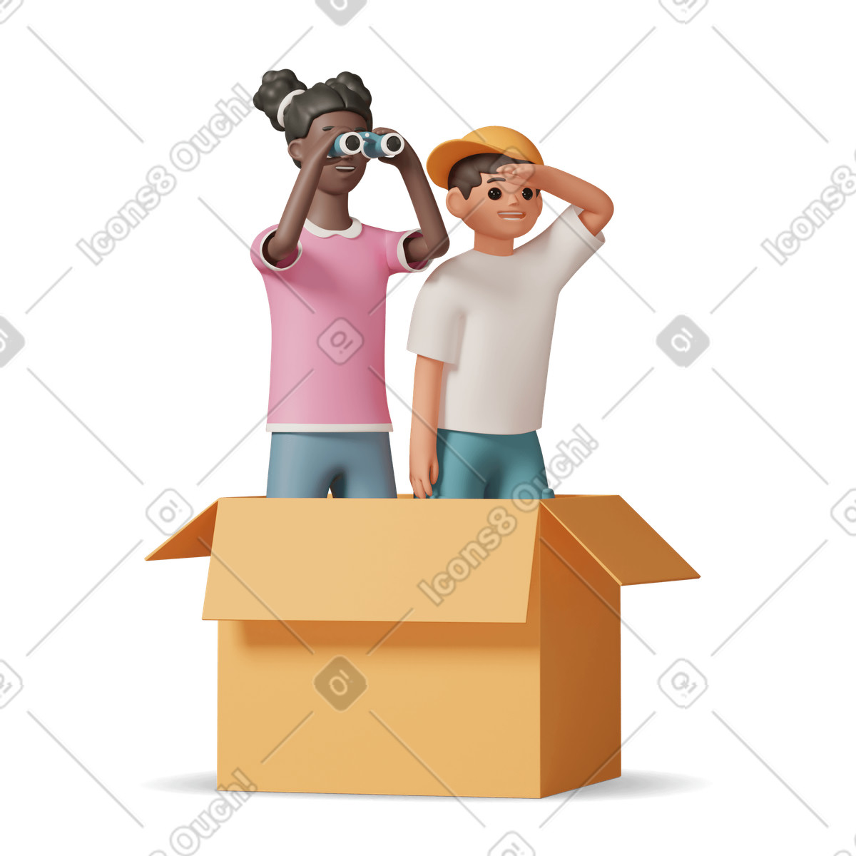 Boy and girl in paper box looking for something illustration 3D Casual life style download PNG, SVG