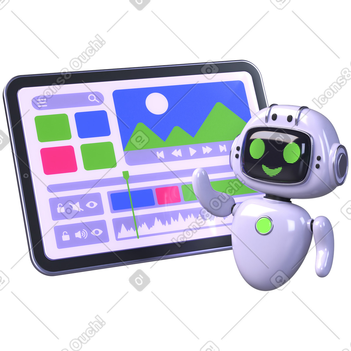 Ilustración Edición de video con ia, creación automatizada contenido, flujo trabajo medios inteligentes en estilo 3D Boost a descargar en PNG y SVG
