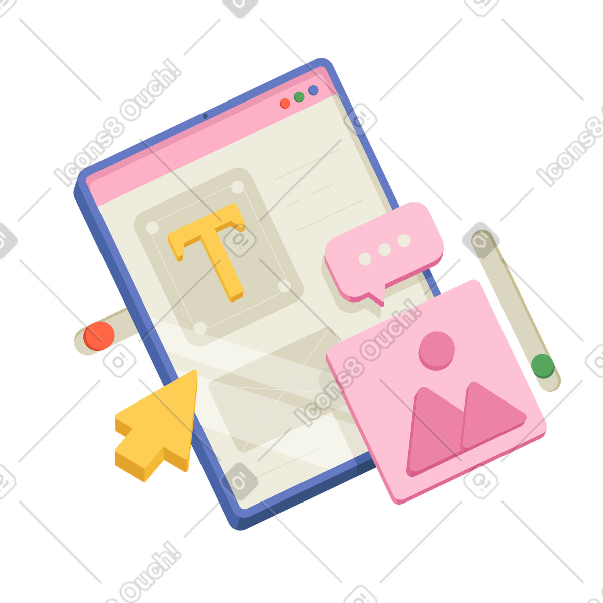 Tablet mit website-design-anwendung animierte Illustration im Social-Stil als Download in GIF, Lottie (JSON), AE
