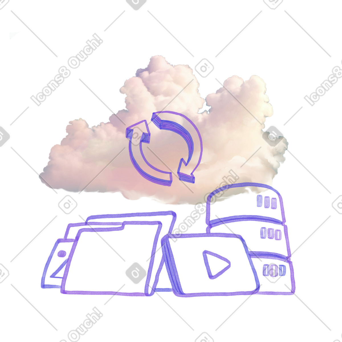 Cloud storage synchronization process, Online file backup and sharing illustrazione in stile Marker scarica in PNG, SVG
