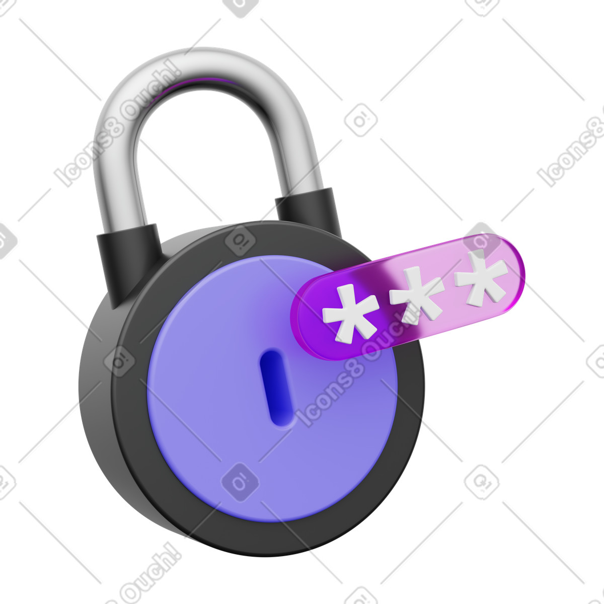 Illustration Sécurité des informations confidentielles, protection données en ligne, cadenas avec astérisques de mot passe dans le style 3D Playful à télécharger aux formats PNG, SVG