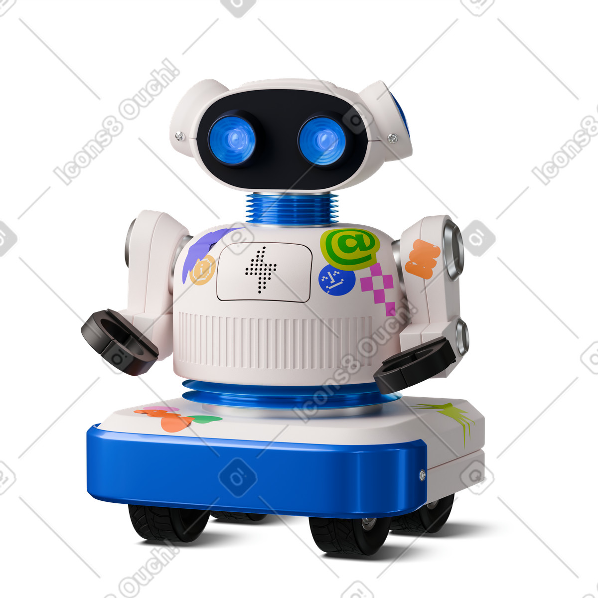 Retro robot assistant with stickers animated illustration in 3D Stickle style download in GIF, Lottie (JSON), AE