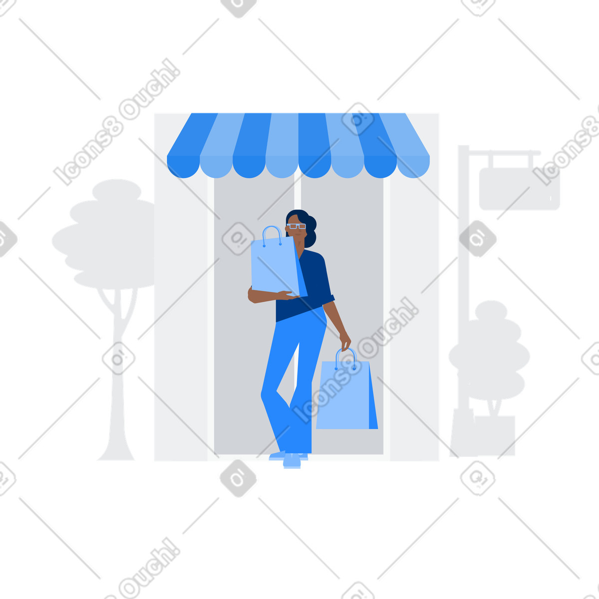 Illustration Customer leaving shop with purchases, urban shopping dans le style à télécharger aux formats PNG, SVG