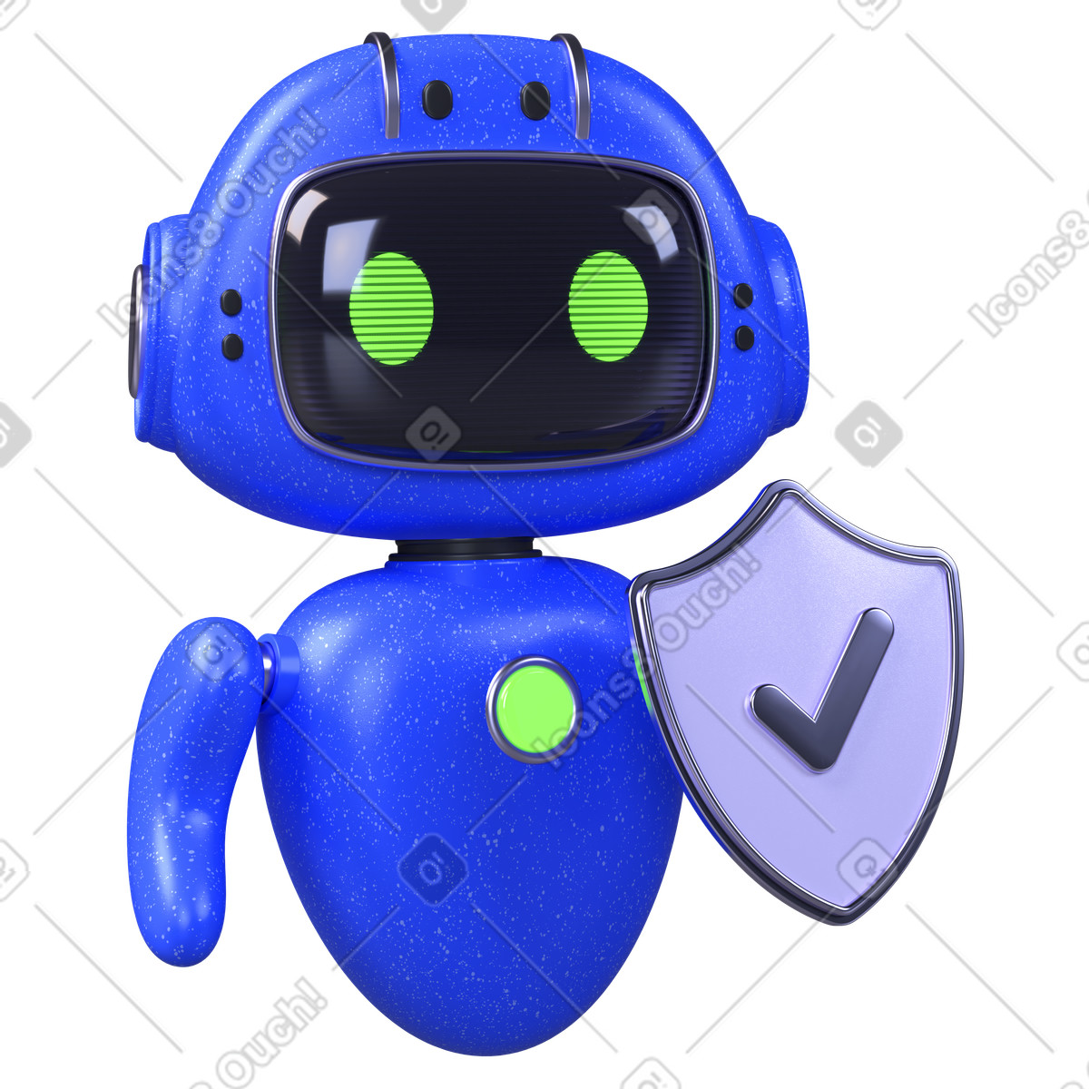 Blue AI bot holding shield with check mark, Automated security or data protection illustration in 3D Boost style download in PNG, SVG
