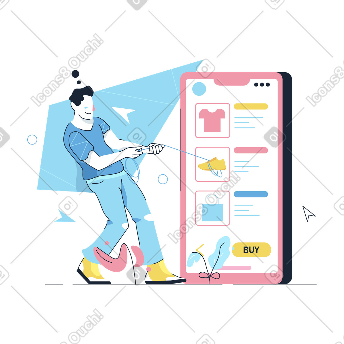 Ilustración Hombre comprando zapatos en línea con teléfono estilo Work Hard a descargar PNG y SVG