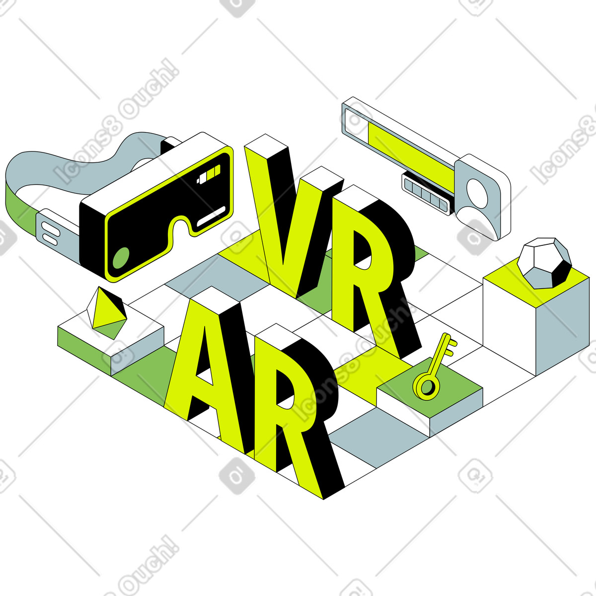 Ilustração de Letras vr/ar com óculos vr e texto do tabuleiro jogo em no estilo Isometric para baixar em PNG, SVG