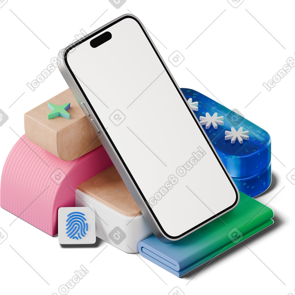 Isometric view of smartphone mockup based on security themed figures illustration in 3D Hygge style download in PNG, SVG
