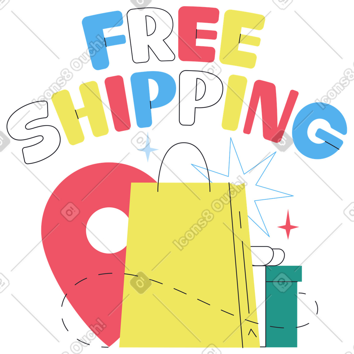 Free shipping lettering surrounded by gifts and map marker, E-commerce delivery promotion-Illustration im Boba-Stil als Download in PNG, SVG