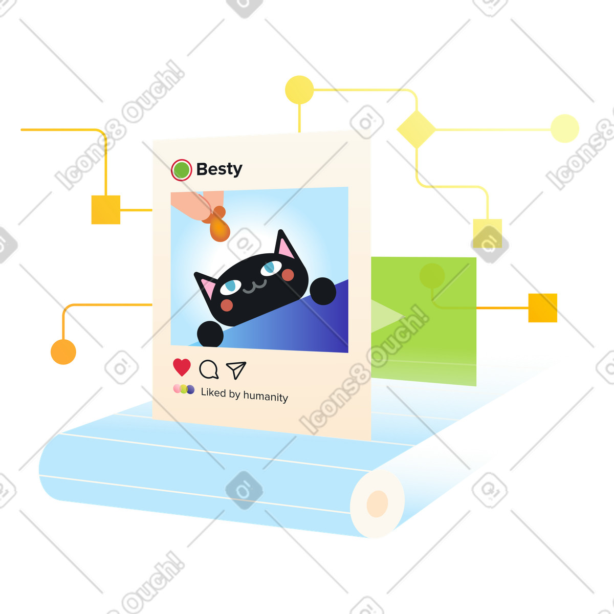 Social media algorithm with post on conveyor belt, Automated content moderation and curation illustration in Fizzy style download in PNG, SVG