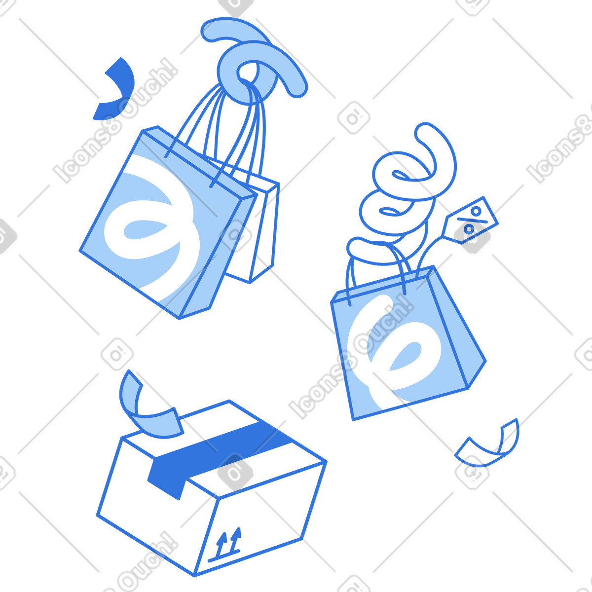 Shopping bags and package surrounded by confetti, Holiday or successful purchase illustration in Sky style download in PNG, SVG