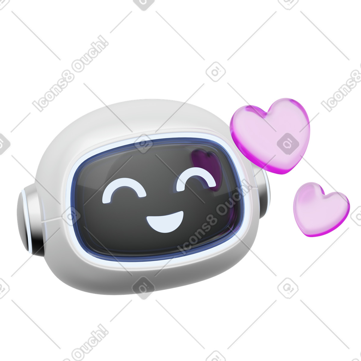 Friendly digital assistant robot head with floating hearts illustration in 3D Playful style download in PNG, SVG