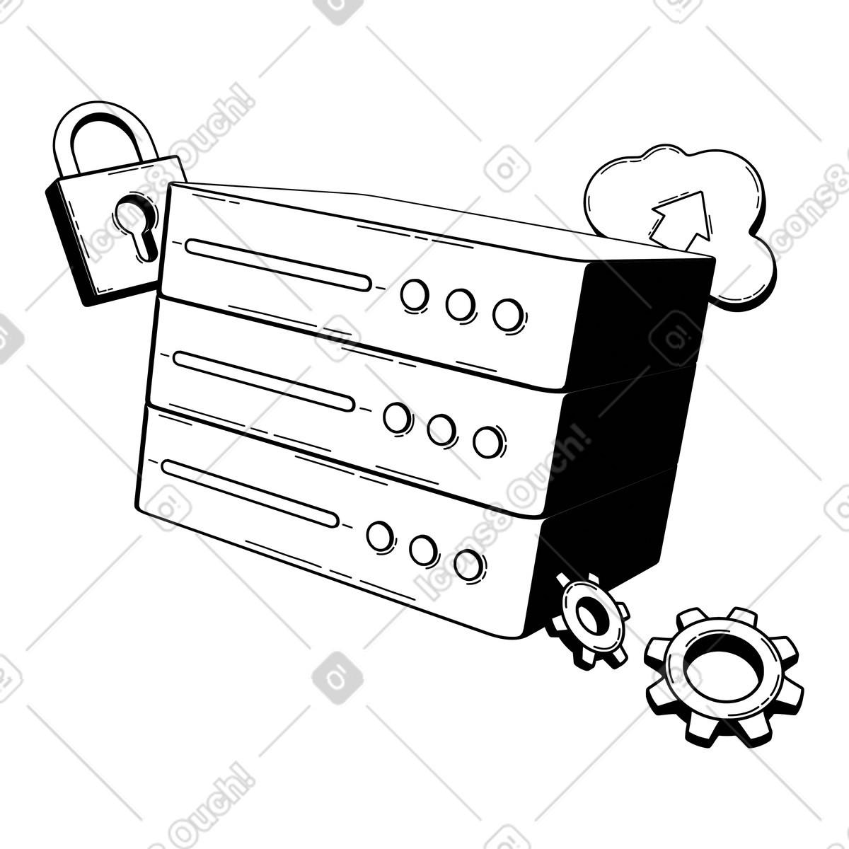 Icona di caricamento su rack server e cloud, archiviazione dati sicura backup online illustrazione animata in stile 3D Techny Line scaricabile in GIF, Lottie (JSON), AE