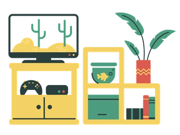 A TV on a shelf with plants and decor - Macaroni style illustration