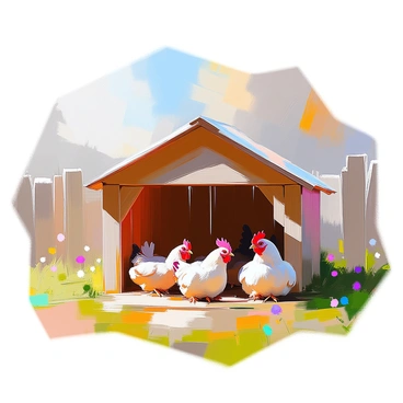 A simple wooden shelter with a gabled roof, made of lightly weathered planks, provides shade for a flock of chickens. The chickens are various colors, including white, brown, and black, and they are scattered around, some resting on the ground while others are perched on low beams of the shelter. Sunlight filters through the gaps in the shelter, casting dappled shadows on the ground. The surrounding area is grassy, with a few scattered wildflowers adding color to the scene. A wooden fence is visible in the background, enclosing the area where the chickens are resting.