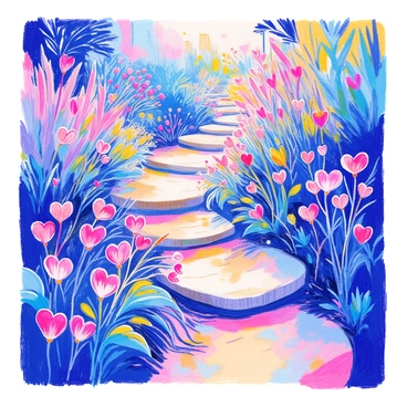 A charming garden pathway is winding through a vibrant landscape. The path is lined with "bleeding heart flowers," which have delicate pink and white heart-shaped blooms drooping gracefully. The stepping stones are made of smooth, gray stones, arranged in an organic pattern leading through the garden. Lush green foliage surrounds the pathway, with hints of other colorful flowers peeking through the greenery. The sun casts soft light, illuminating the flowers and creating gentle shadows on the stones.