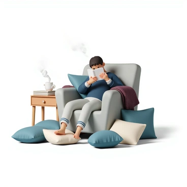 A cozy reading nook with a soft, oversized armchair in a muted light gray fabric. A person, wearing a navy blue sweater and comfortable pajama pants, is comfortably seated in the armchair, deeply absorbed in a book. Around them, a variety of plush cushions in varying shades of blue and cream are scattered on the floor and placed on the armchair. A warm, knitted blanket in a rich burgundy color is draped over the arm of the chair. Natural light filters through a nearby window, casting a soft glow, enhancing the inviting atmosphere of the nook. A small wooden side table beside the chair holds a steaming mug of tea.