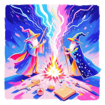 Two wizards are positioned on opposite ends of a dynamic battleground. One wizard, with a long white beard and a flowing blue robe, raises his staff, emanating radiant "blue lightning" from its tip. The other wizard, wearing a dark cloak with silver stars, conjures a swirling "green fire" that dances around him. Bright "purple sparks" erupt as their spells collide in mid-air, creating an explosion of vibrant colors. The ground beneath them is scattered with enchanted artifacts and ancient scrolls, adding to the intensity of the magical duel. The atmosphere crackles with energy, and the wizards' focused expressions show their determination.
