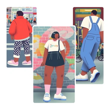 A vibrant collage of street style photographs features individuals showcasing their unique personal styles. Each photograph captures a different person in an urban setting, displaying a variety of fashion choices. One individual with curly hair is wearing a bright red oversized jacket and patterned trousers, standing on a busy sidewalk. Another person, with a sleek bob haircut, is dressed in a black leather skirt and white graphic tee, leaning against a brick wall covered in graffiti. A third figure features a tall individual in a denim jumpsuit and chunky sneakers, walking past a row of colorful storefronts. The background exhibits a lively city atmosphere with people, bicycles, and street art.