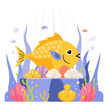 A fish kingdom features a large, majestic fish with vibrant scales sitting on an ornate throne made of various colorful shells. The throne is elevated, surrounded by smaller fish swimming gracefully in the background. Coral structures rise from the sea floor, adorned with seaweed and small starfish. Bubbles float gently in the water, creating a magical atmosphere. Above the kingdom, beams of sunlight filter through the surface, illuminating the regal fish as it gazes thoughtfully over its domain.