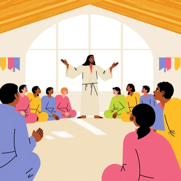 A gathering of disciples in a spacious room with large windows letting in bright light. The disciples, dressed in simple robes of varying colors, are sitting in a semi-circle facing a central figure. The central figure stands with an uplifting expression, arms opened wide as if sharing wisdom. The room is adorned with wooden beams overhead and colorful banners hanging on the walls. The faces of the disciples reflect a sense of awe and attentiveness, with expressions ranging from curiosity to inspiration. Sunlight streams through the windows, casting warm glows on the scene.