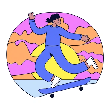 A silhouette of a skater is captured mid-leap, body arched gracefully in the air. The skater wears a fitted outfit, and their skateboard is positioned beneath them. The background features a sunset sky filled with vibrant hues of orange, pink, and purple, blending seamlessly together. The edges of the silhouette are defined sharply against the colorful sky, emphasizing the dynamic motion of the jump.