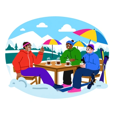 A group of three skiers, one wearing a red jacket, another in a green jacket, and the last in a blue jacket, are sitting at a wooden outdoor cafe table. Each skier has a steaming cup of hot chocolate in front of them, topped with whipped cream. The skiers are smiling and chatting, with snow-covered mountains visible in the background. The cafe has colorful umbrellas providing shade, and there are piles of snow beside the table. In the foreground, ski poles and skis are propped against the table, completing the winter scene.