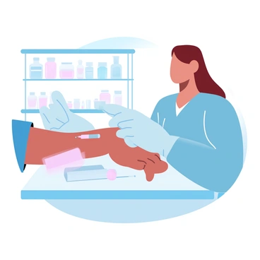 A nurse in blue scrubs is carefully taking a blood sample from a patient’s arm. The nurse is using a sterile needle and holding a collection tube in one hand, while the other hand is gently supporting the patient's arm. The background features medical equipment, including a laboratory bench with various supplies, and bright overhead lighting enhances the clean atmosphere of the lab. The focus of the image is on the nurse's actions and the process of collecting the sample, illustrating a professional and clinical environment.