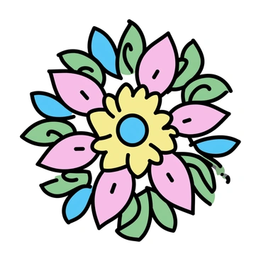 A symmetrical mandala design composed entirely of interwoven flowers and leaves. The mandala features petals in various colors such as pink, yellow, and blue, arranged in a circular pattern. Green leaves radiate outward from the center, adding contrast to the colorful flowers. Each layer of the mandala includes intricate details of the flower’s textures and the veins of the leaves, creating a harmonious and balanced visual. The overall composition is centered and reflects a sense of continuity and connection in its repetitive floral and leaf patterns.