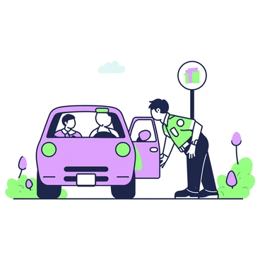 A police officer is conducting a safety check on a stopped car by the roadside. The officer, wearing a uniform with a badge, is leaning slightly towards the driver's window of the car, which is a compact sedan. The driver's side door is slightly ajar, and the driver, a middle-aged person, is sitting inside, looking at the officer. The roadside is lined with green grass and a few small purple wildflowers, and a distant traffic sign is visible in the background. The sky above is clear, indicating a sunny day.