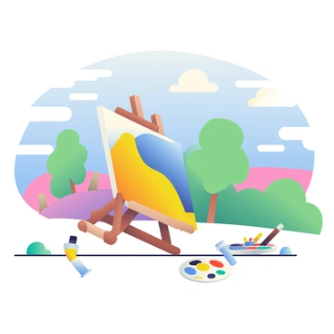 An artist's wooden easel is tipping over to the right due to a strong gust of wind. The easel is displaying a partially finished canvas with vibrant colors of blue and yellow. Several paintbrushes and a palette with various paint colors are scattered on the ground beside the easel. In the background, a colorful landscape can be seen with trees swaying in the wind and a bright blue sky filled with fluffy white clouds. The scene captures the moment of chaos as the easel is losing its balance, and a few paint tubes are rolling away on the ground.