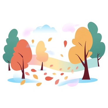 A landscape showcasing the essence of Virgo's season. Leaves in shades of orange, yellow, and red are falling gently from trees, creating a colorful carpet on the ground. The trees are tall and have a mix of green and warm-toned foliage. A soft breeze causes some leaves to swirl in the air. In the background, the sky is painted in gradient pastel colors, transitioning from warm hues to cooler tones. The scene conveys a sense of change, with an abundance of nature's beauty on display.