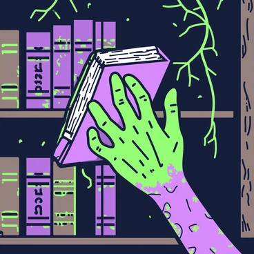 A zombie hand with decayed skin is emerging from the shadows, grasping a dusty book. The hand is partially covered in grime, with long, bony fingers curling around the tome. The book appears weathered, with pages slightly curled and a worn cover. It is being pulled from a dark wooden shelf lined with other old books, their spines faded. Surrounding the shelf, cobwebs dangle, and the dim lighting enhances the eerie atmosphere of the ancient library filled with countless tomes.