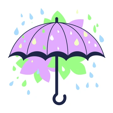 A close-up view of an umbrella with raindrops tapping on its surface during an autumn shower. The umbrella is open and has a curved handle. The background features blurred hints of colorful leaves representing the autumn season, with varying shades of green and purple. Raindrops are distinct on the umbrella, some rolling off the edges while others create small splashes upon impact. The atmosphere conveys a sense of a soft, gentle rain falling continuously.