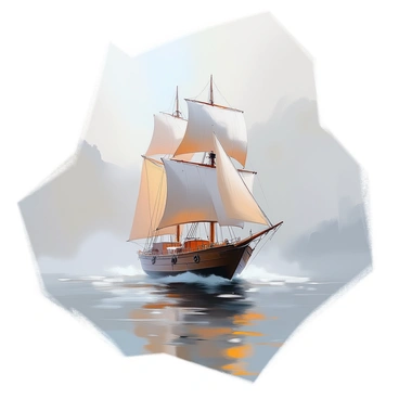 A lone wooden ship with billowing white sails is navigating through a thick, mysterious sea fog that envelops the surrounding waters. The ship's weathered wooden hull is partially visible, showing signs of age and adventure. The fog curls around the vessel, creating an atmosphere of intrigue while obscuring the horizon. In the distance, faint silhouettes of distant landforms are hinted at through the mist, adding to the sense of mystery. The water appears calm yet ominous, with gentle ripples reflecting the muted gray tones of the foggy scene.