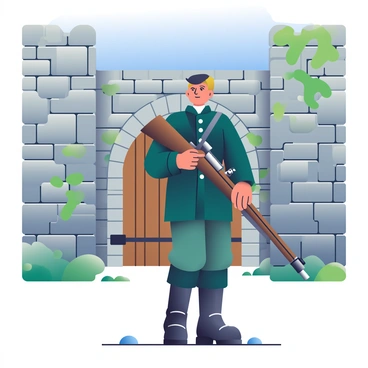 A soldier with tanned skin is standing at attention at the entrance of an ancient stone fort. He is dressed in a traditional military uniform that includes a dark green jacket with silver buttons and matching trousers. His boots are polished black leather, reflecting the sunlight. The soldier is holding a wooden rifle with a metal barrel, angled slightly downward. Behind him, the fort is made of weathered gray stones, with ivy creeping along the walls and a large, arched wooden door partially open. The ground is scattered with small pebbles and patches of grass, and the sky overhead is a clear blue.