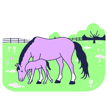 A mare stands peacefully in a sunlit pasture, grazing on the green grass. Beside her, a foal playfully nuzzles against her side. The mare has a flowing mane and a strong, sleek body, while the foal is small with soft fur and playful energy. In the background, there are patches of wildflowers scattered across the field, and a wooden fence runs along the edge of the pasture. A few trees can be seen in the distance, providing shade to parts of the landscape.
