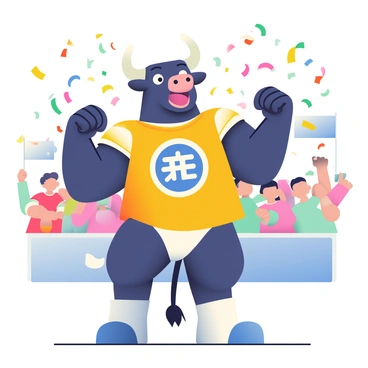 A dynamic, energetic bull mascot is in the foreground, showcasing powerful muscles and a sleek, shiny coat. The bull has large, expressive eyes and an open mouth, conveying excitement. It is adorned with a bright team jersey featuring a bold logo on the front. The bull stands on its hind legs, with its front legs raised in a triumphant pose. Around the mascot, colorful streamers and confetti are scattered in the air, emphasizing the festive atmosphere. The background features a cheering crowd, with fans wearing team colors and waving banners in support of the team.