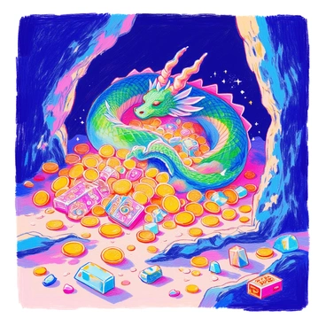 A dark cave holds a massive pile of treasure, including gold coins, sparkling jewels, and ornate artifacts. At the center of the treasure, a large dragon is curled up, its scales glistening in shades of deep green and emerald. The dragon's eyes are closed as it sleeps peacefully, with smoke gently wafting from its nostrils. The cave walls are rough and rocky, casting shadows that dance across the treasure. A few scattered gemstones reflect faint light, creating a shimmering effect in the darkness.